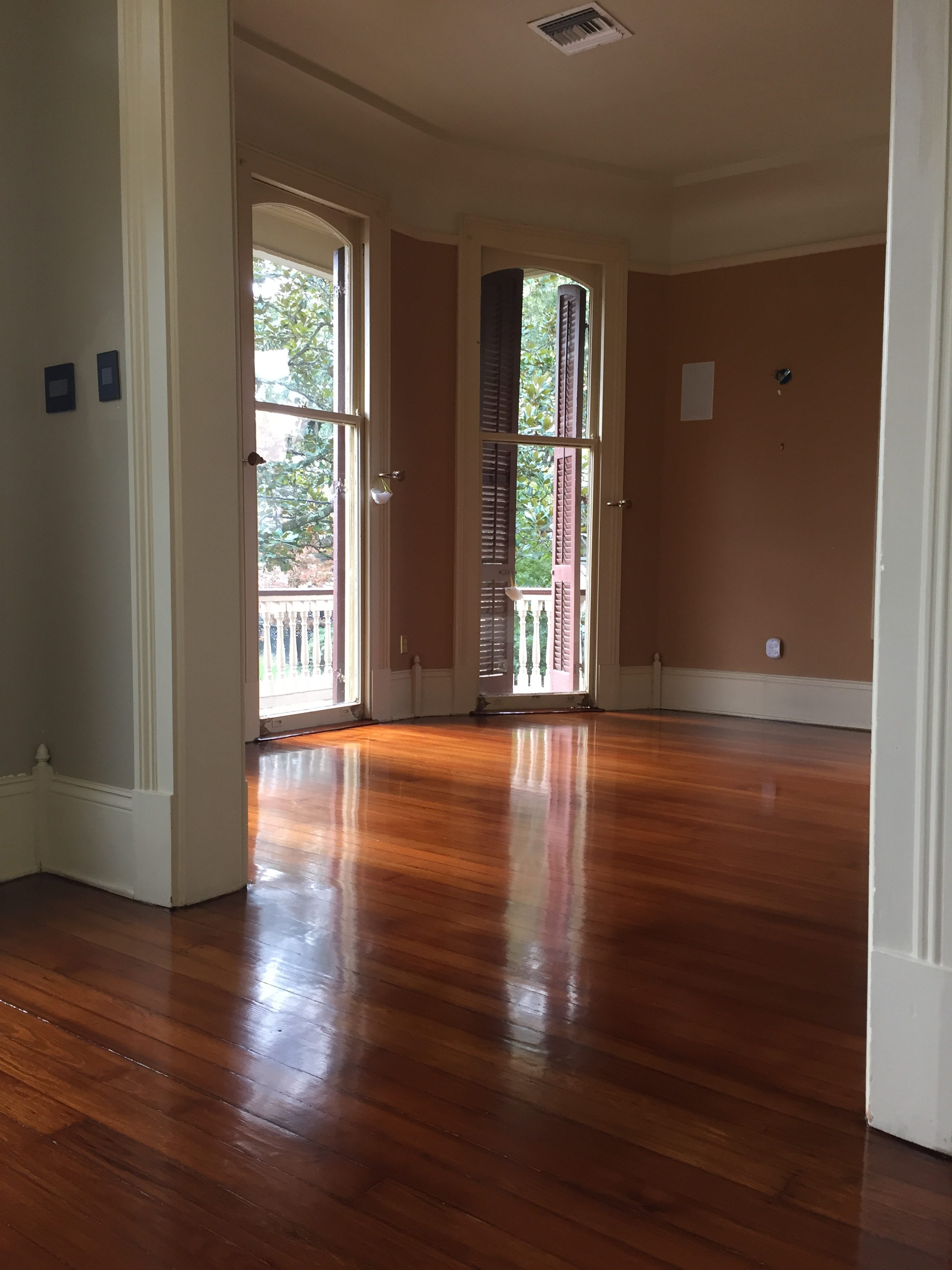 These refinished pine floors have a glossy finish.