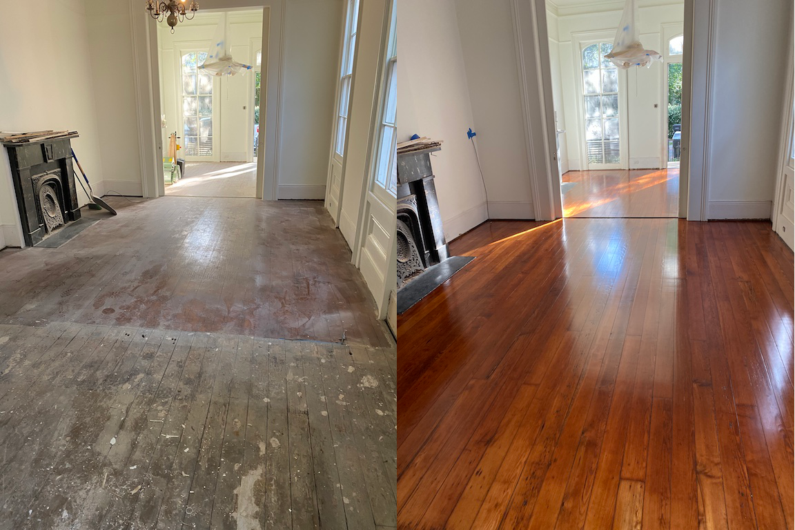 Before and after photo of red pine hardwood flooring in a living room with black iron fireplace