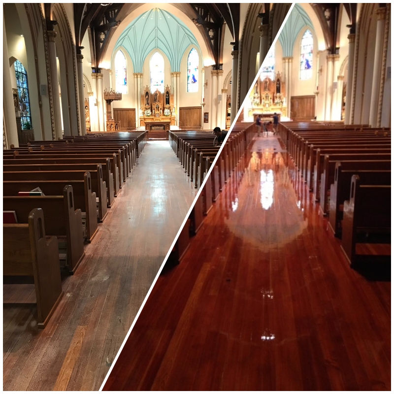 Photo of Screened and refinished hardwood flooring in a church with a glossy cherry appearance.