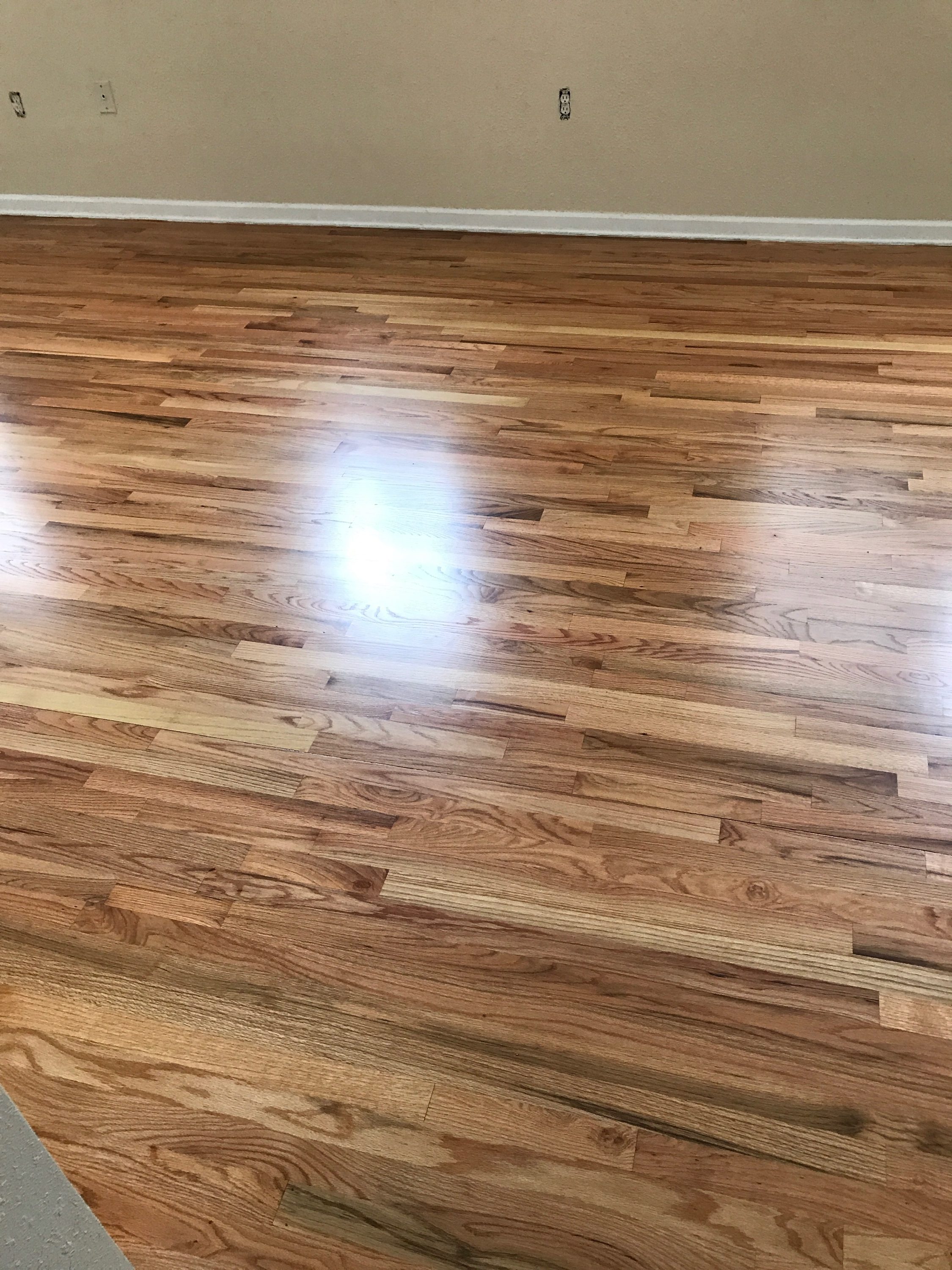 Pictured are red oak floors with a natural finish. The contrasting colors in the wood grain are eye catching with shades of red tones, browns, and creamy white.