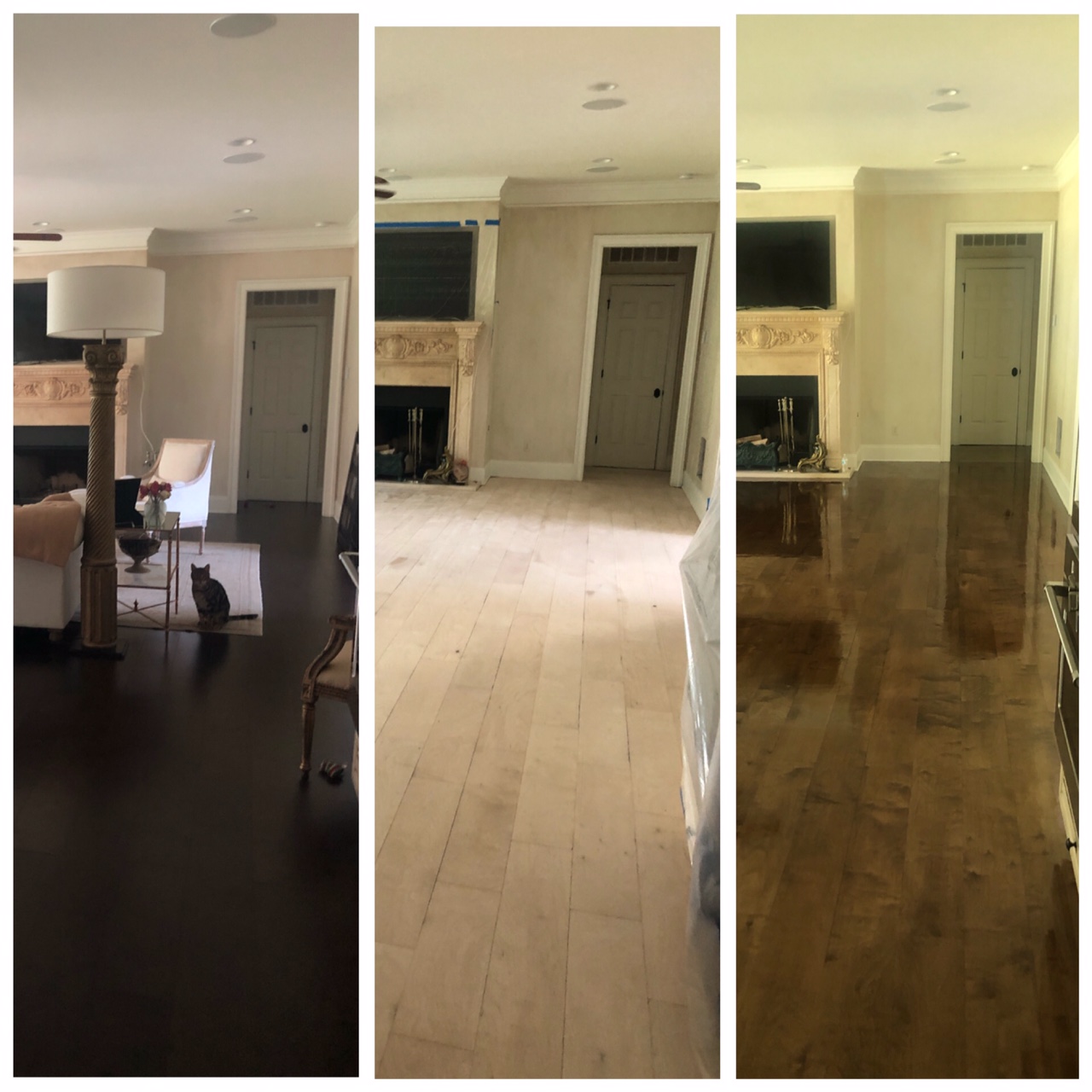 Photo of sanded prefinished flooring transforming from dark prefinished to a glossy medium brown refinished